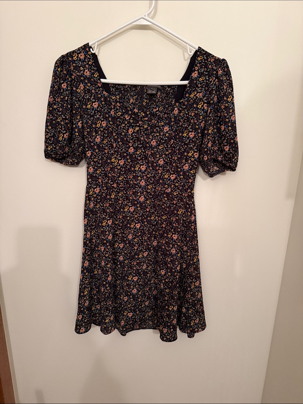 French Connection Black Floral Square-Neck Mini with Puff Sleeves